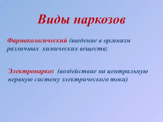 Виды наркозов Фармакологический (введение в организм различных химических веществ; Электронаркоз