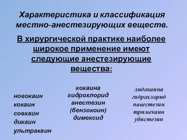 Характеристика и классификация местно-анестезирующих веществ. В хирургической практике наиболее широкое