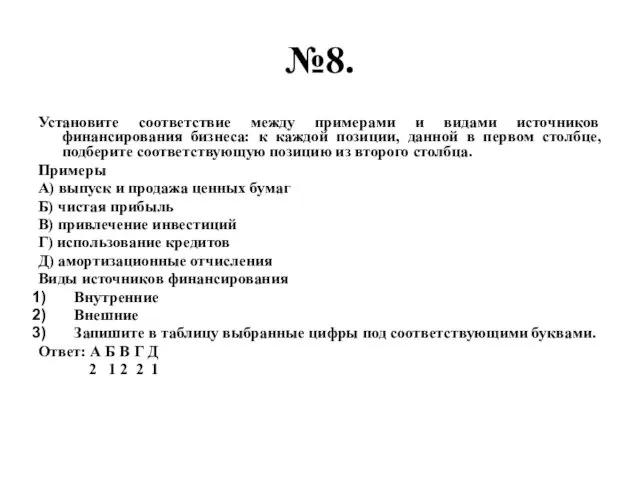 №8. Установите соответствие между примерами и видами источников финансирования бизнеса: