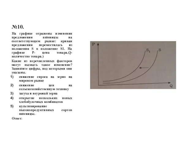 №10. На графике отражены изменения предложения пшеницы на соответствующем рынке: