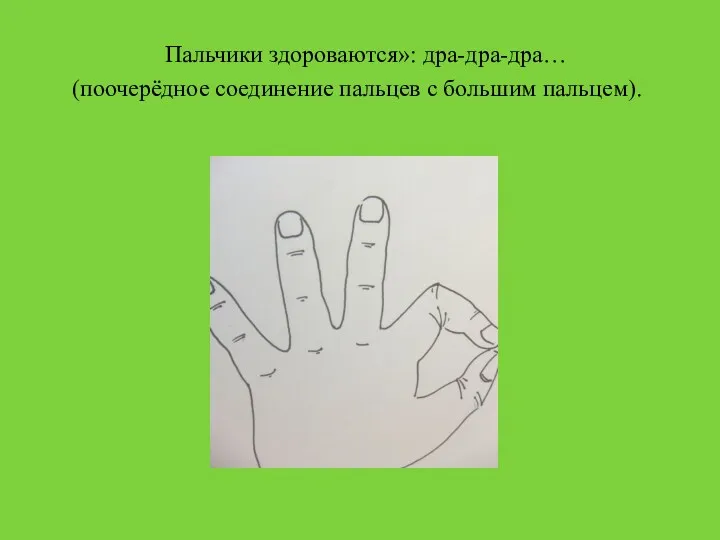 Пальчики здороваются»: дра-дра-дра… (поочерёдное соединение пальцев с большим пальцем).