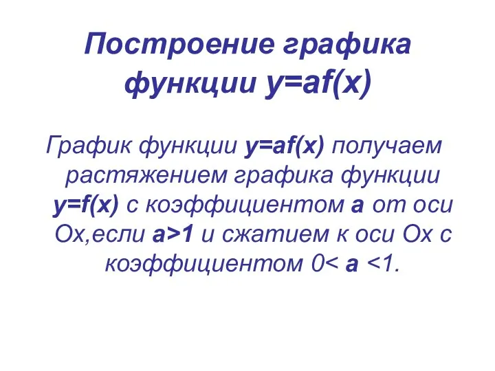 Построение графика функции у=аf(x) График функции у=аf(x) получаем растяжением графика