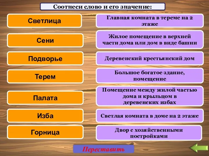 Светлица Соотнеси слово и его значение: Сени Подворье Терем Палата