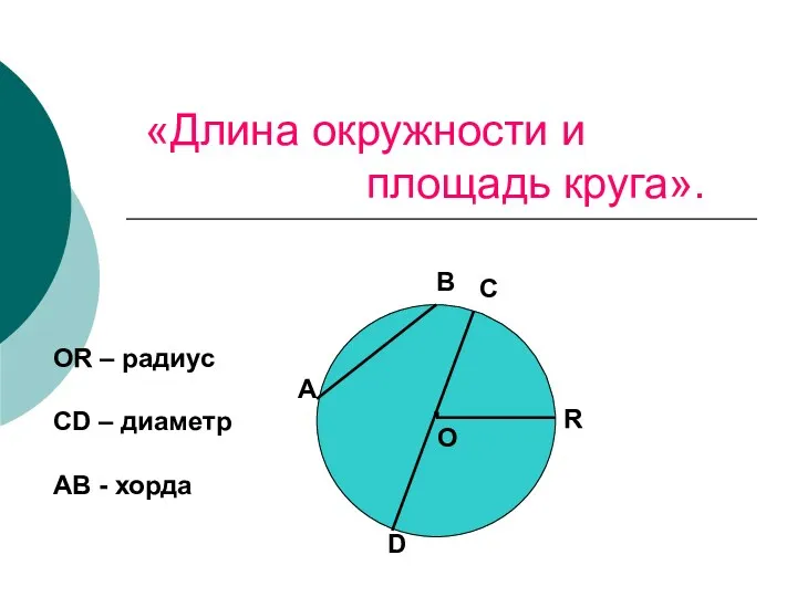 ОR – радиус СD – диаметр AB - хорда «Длина окружности и площадь