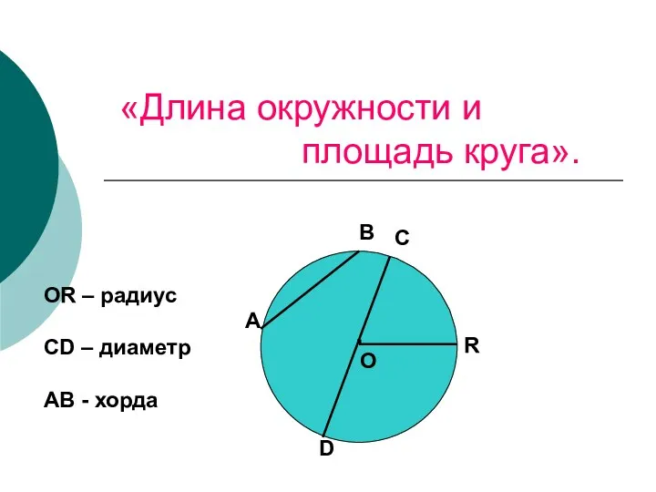 ОR – радиус СD – диаметр AB - хорда «Длина