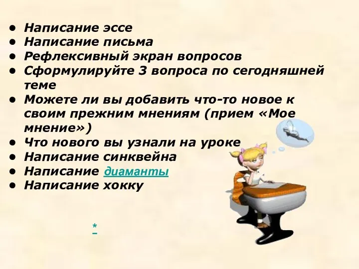 Написание эссе Написание письма Рефлексивный экран вопросов Сформулируйте 3 вопроса