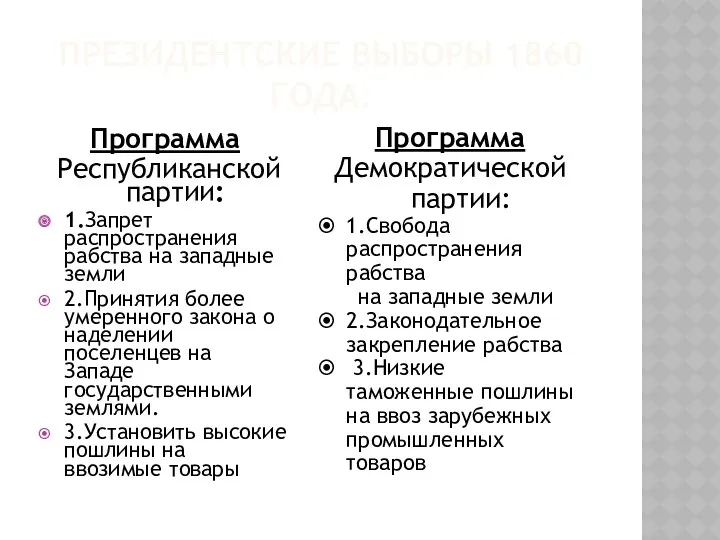 Президентские выборы 1860 года. Программа Республиканской партии: 1.Запрет распространения рабства на западные земли