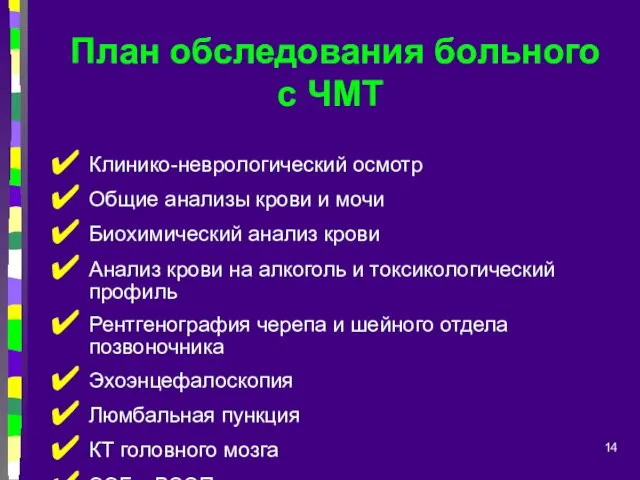 План обследования больного с ЧМТ Клинико-неврологический осмотр Общие анализы крови