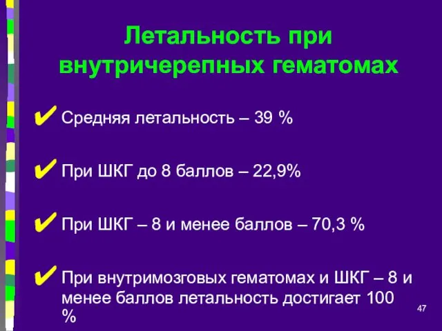 Летальность при внутричерепных гематомах Средняя летальность – 39 % При