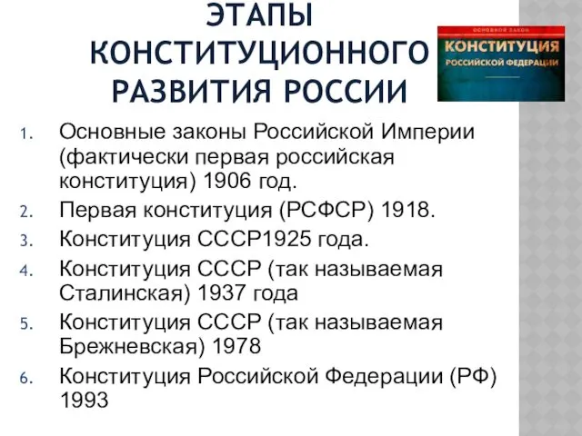 ЭТАПЫ КОНСТИТУЦИОННОГО РАЗВИТИЯ РОССИИ Основные законы Российской Империи (фактически первая