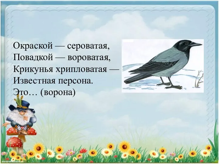 Окраской — сероватая, Повадкой — вороватая, Крикунья хрипловатая — Известная персона. Это… (ворона)