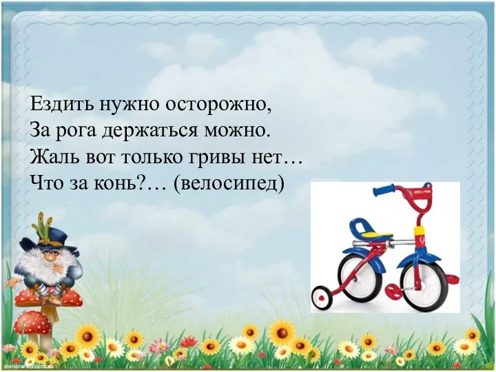 Ездить нужно осторожно, За рога держаться можно. Жаль вот только гривы нет… Что за конь?… (велосипед)