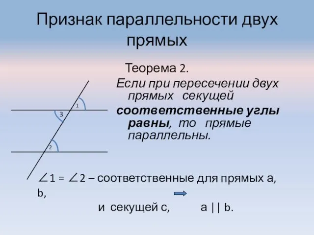 Признак параллельности двух прямых Теорема 2. Если при пересечении двух