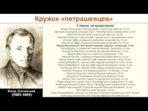 Кружок «петрашевцев» Федор Достоевский (1821-1881) Список петрашевцев: Михаил Буташевич-Петрашевский, титулярный