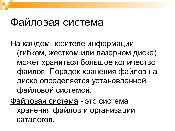 Файловая система На каждом носителе информации (гибком, жестком или лазерном