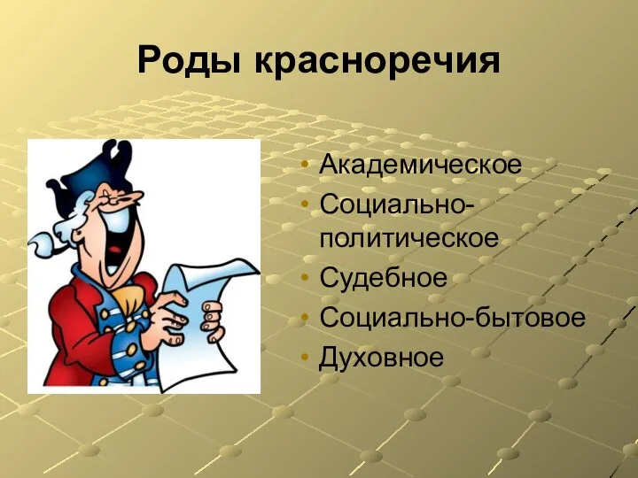 Роды красноречия Академическое Социально-политическое Судебное Социально-бытовое Духовное