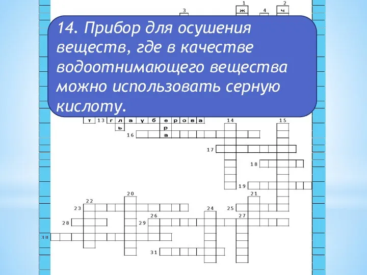 14. Прибор для осушения веществ, где в качестве водоотнимающего вещества можно использовать серную кислоту.