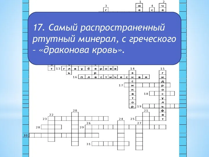 17. Самый распространенный ртутный минерал, с греческого – «драконова кровь».