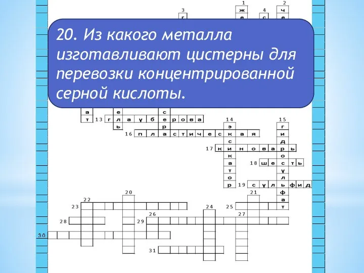 20. Из какого металла изготавливают цистерны для перевозки концентрированной серной кислоты.