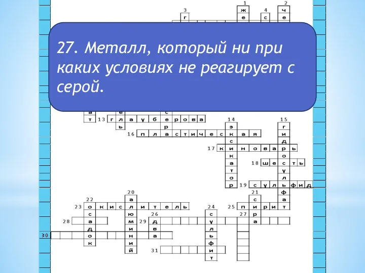 27. Металл, который ни при каких условиях не реагирует с серой.