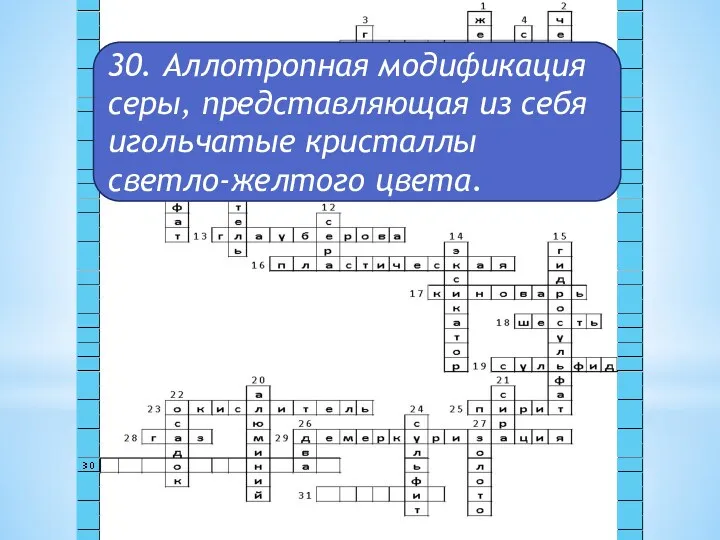 30. Аллотропная модификация серы, представляющая из себя игольчатые кристаллы светло-желтого цвета.