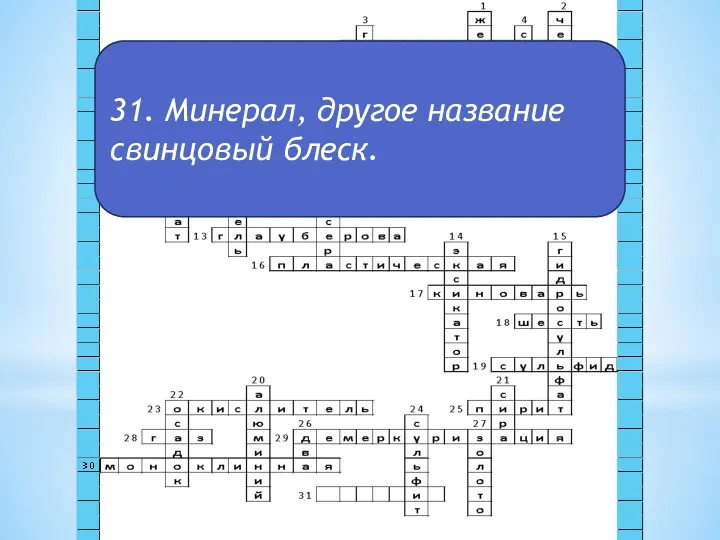 31. Минерал, другое название свинцовый блеск.