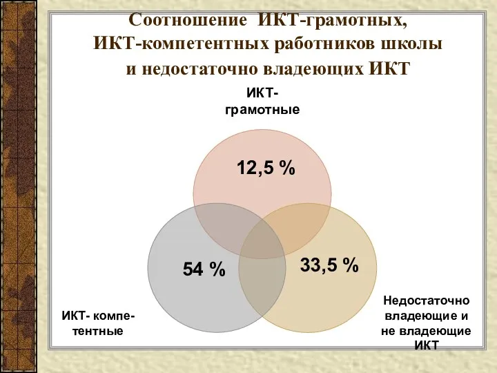 Соотношение ИКТ-грамотных, ИКТ-компетентных работников школы и недостаточно владеющих ИКТ 12,5 % 54 % 33,5 %