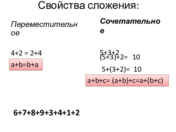 Свойства сложения: Переместительное 4+2 = 2+4 Сочетательное 5+3+2 5+(3+2)= (5+3)+2= 10 10 a+b+c= (a+b)+c=a+(b+c) a+b=b+a 6+7+8+9+3+4+1+2