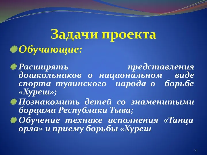 Задачи проекта Обучающие: Расширять представления дошкольников о национальном виде спорта