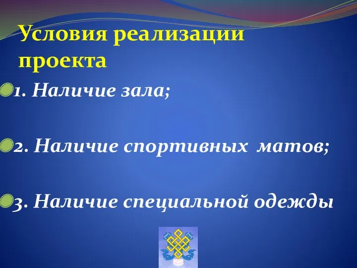 Условия реализации проекта 1. Наличие зала; 2. Наличие спортивных матов; 3. Наличие специальной одежды