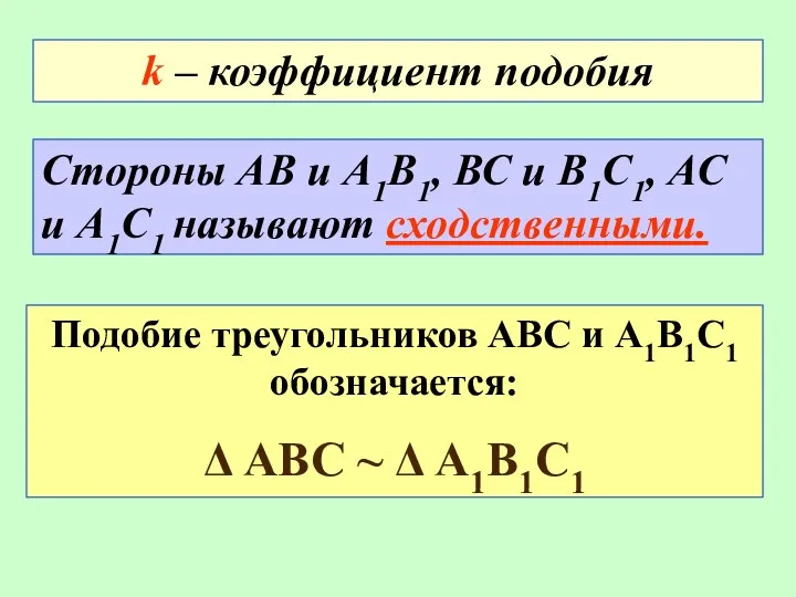 k – коэффициент подобия Подобие треугольников АВС и А1В1С1 обозначается: Δ АВС ~