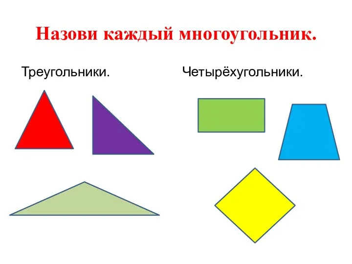 Назови каждый многоугольник. Треугольники. Четырёхугольники.