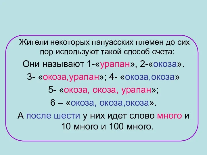 Жители некоторых папуасских племен до сих пор используют такой способ счета: Они называют