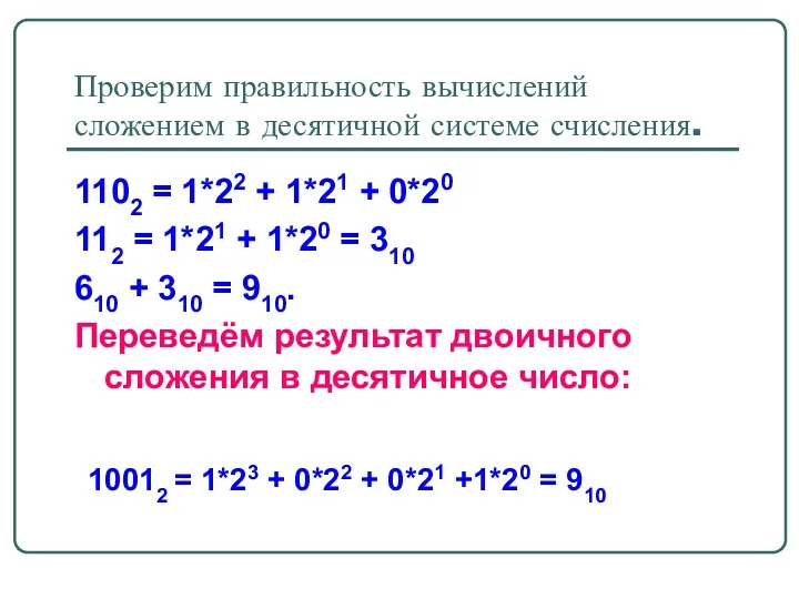 Проверим правильность вычислений сложением в десятичной системе счисления. 1102 =