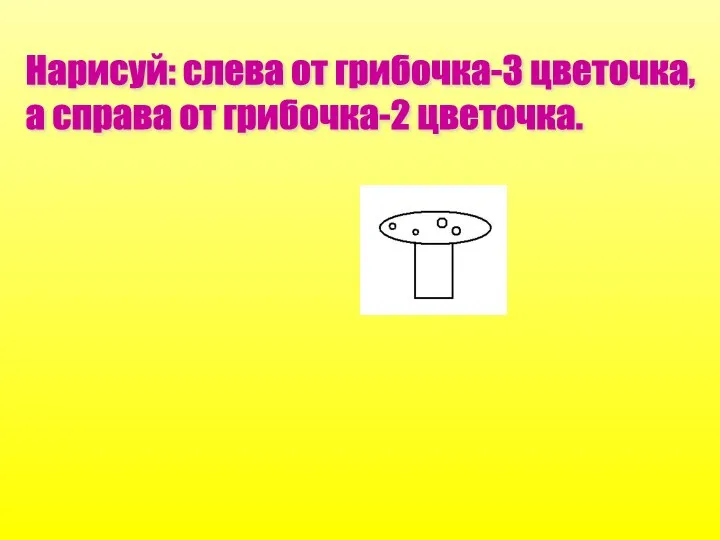 Нарисуй: слева от грибочка-3 цветочка, а справа от грибочка-2 цветочка.