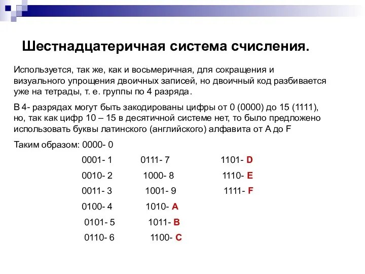 Шестнадцатеричная система счисления. Используется, так же, как и восьмеричная, для