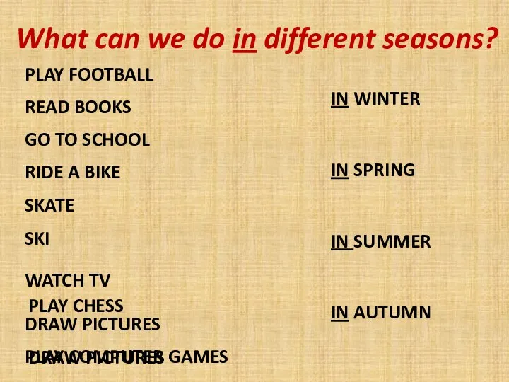IN WINTER IN SPRING IN SUMMER IN AUTUMN PLAY FOOTBALL READ BOOKS GO