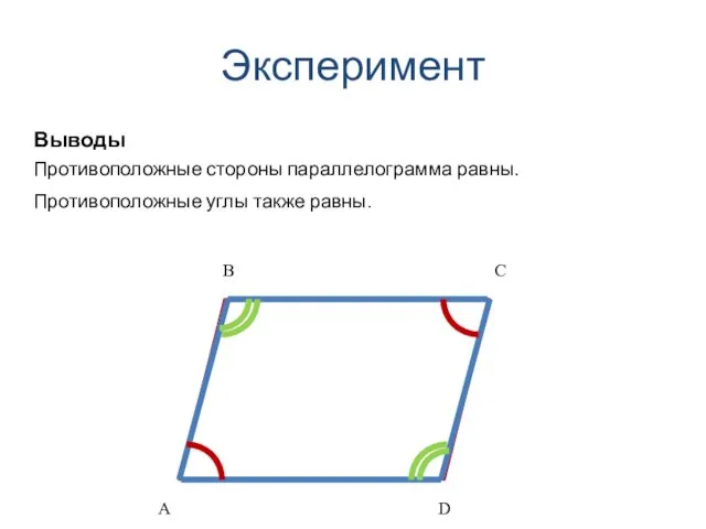Эксперимент Выводы Противоположные стороны параллелограмма равны. B A C D Противоположные углы также равны.