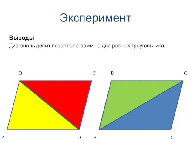 Эксперимент Выводы Диагональ делит параллелограмм на два равных треугольника.