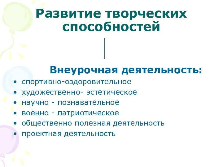 Развитие творческих способностей Внеурочная деятельность: спортивно-оздоровительное художественно- эстетическое научно -