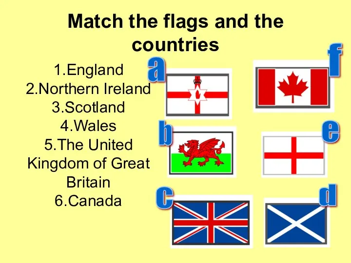 Match the flags and the countries 1.England 2.Northern Ireland 3.Scotland