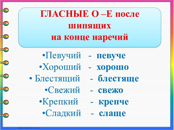 ГЛАСНЫЕ О –Е после шипящих на конце наречий Певучий -