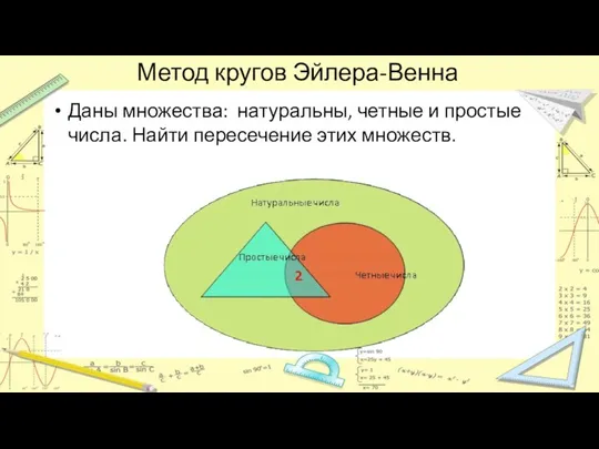 Метод кругов Эйлера-Венна Даны множества: натуральны, четные и простые числа. Найти пересечение этих множеств.