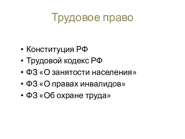 Трудовое право Конституция РФ Трудовой кодекс РФ ФЗ «О занятости