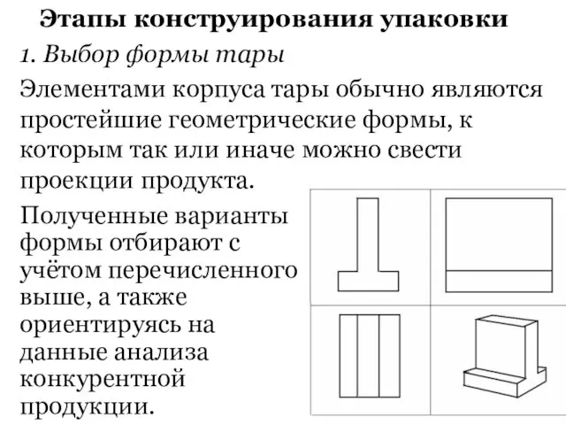 Этапы конструирования упаковки 1. Выбор формы тары Элементами корпуса тары обычно являются простейшие