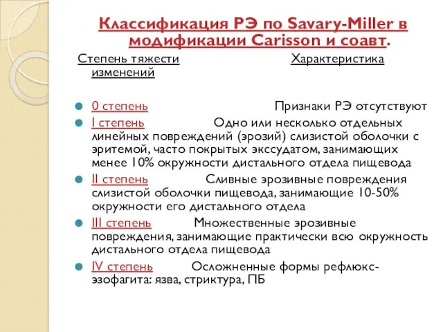 Классификация РЭ по Savary-Miller в модификации Carisson и соавт. Степень тяжести Характеристика изменений