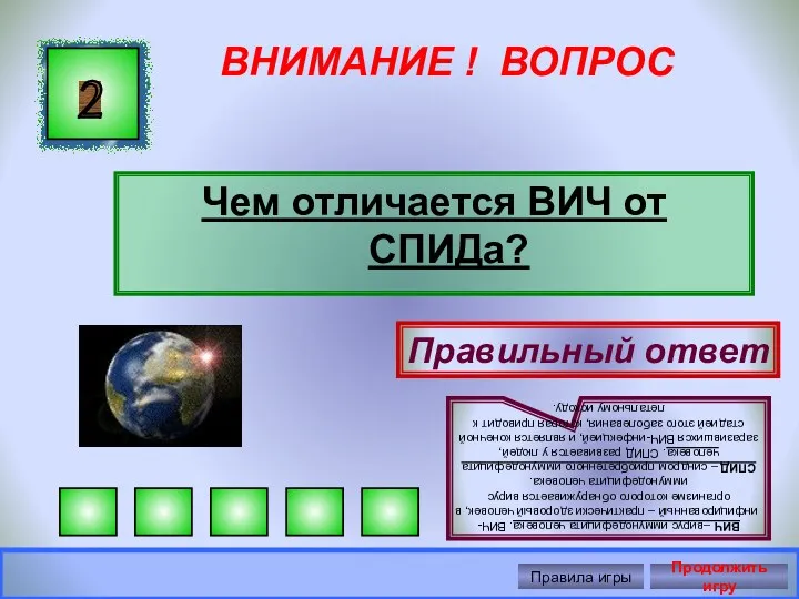 ВНИМАНИЕ ! ВОПРОС Чем отличается ВИЧ от СПИДа? 2 Правильный