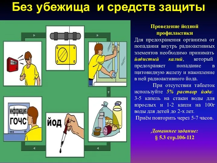 Без убежища и средств защиты Проведение йодной профилактики Для предохранения