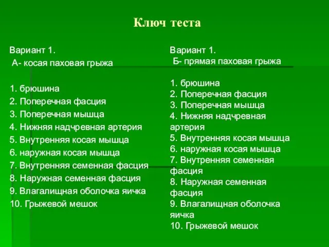 Ключ теста Вариант 1. А- косая паховая грыжа 1. брюшина