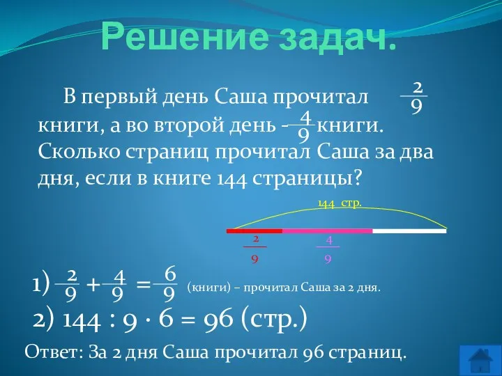 Решение задач. В первый день Саша прочитал книги, а во